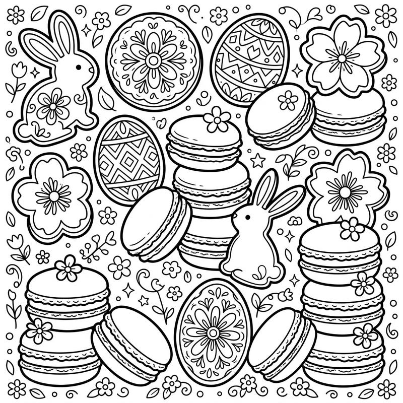 Hop into spring with this adorable Easter coloring page featuring a festive array of cookies and macarons. Discover delightful bunny shapes, beautifully decorated egg cookies, and stacks of sweet treats ready for your creative touch.