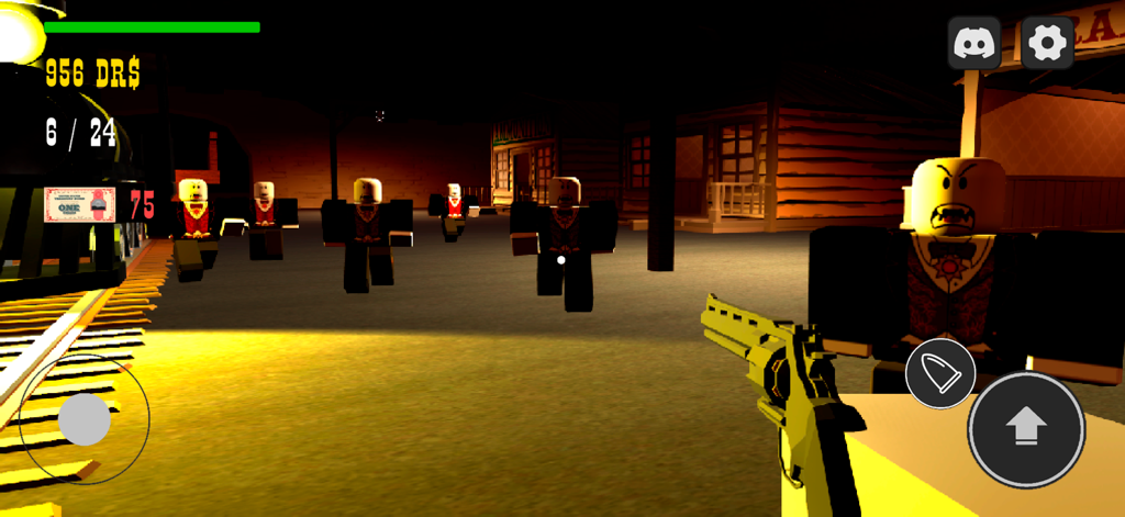 Dead Rails: Train Survival - First-person shooter view in Dead Rails showing a player holding a revolver while defending a train against blocky enemies in suits.