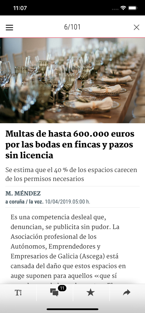 News article about wedding venue regulations in the La Voz de Galicia mobile app