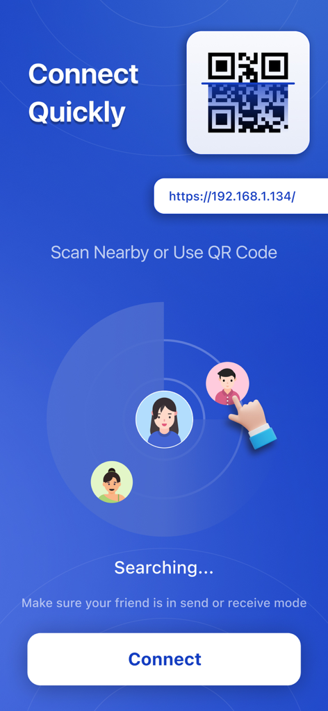 Quick Share - Fast File Share - Interfaz de la app Quick Share mostrando un código QR y una pantalla de radar para escanear y conectarse con dispositivos cercanos para una transferencia rápida de archivos.