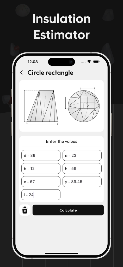 Thermal Insulation Calculator - Schermata del Calcolatore Isolamento Termico con diagrammi e campi di input per la geometria di cerchi e rettangoli