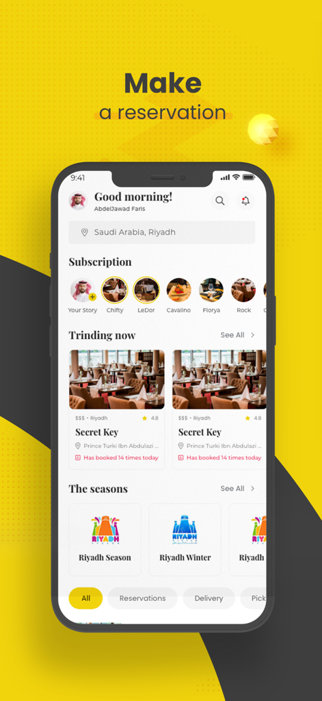 Mobile Benutzeroberfläche der MyTable-App, die Restaurantbuchungen und soziale Trends anzeigt