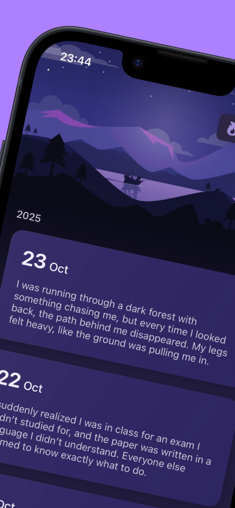 Dream Journal & Interpretation - A smartphone screen showing dated dream journal entries in a dark themed app.