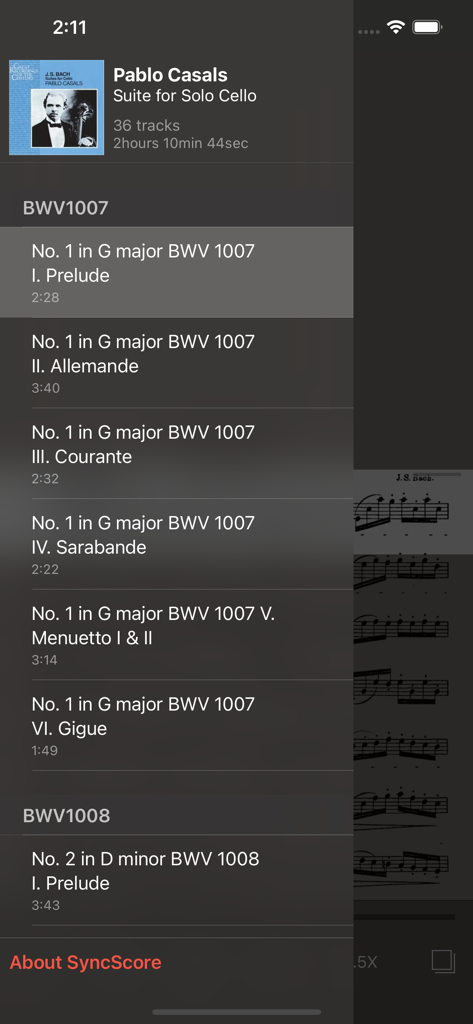 Bach Cello Suites - SyncScore - SyncScoreアプリのパブロ・カザルスによるバッハ チェロ組曲のトラックリスト表示