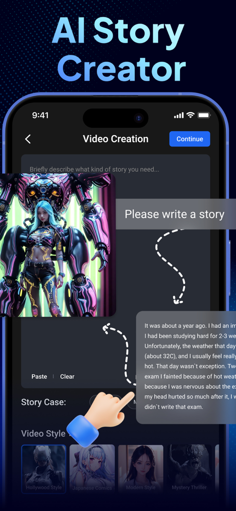 AI Video Generator - Vizmo AI - Vizmo AI mobile app interface for creating AI stories and choosing video styles.