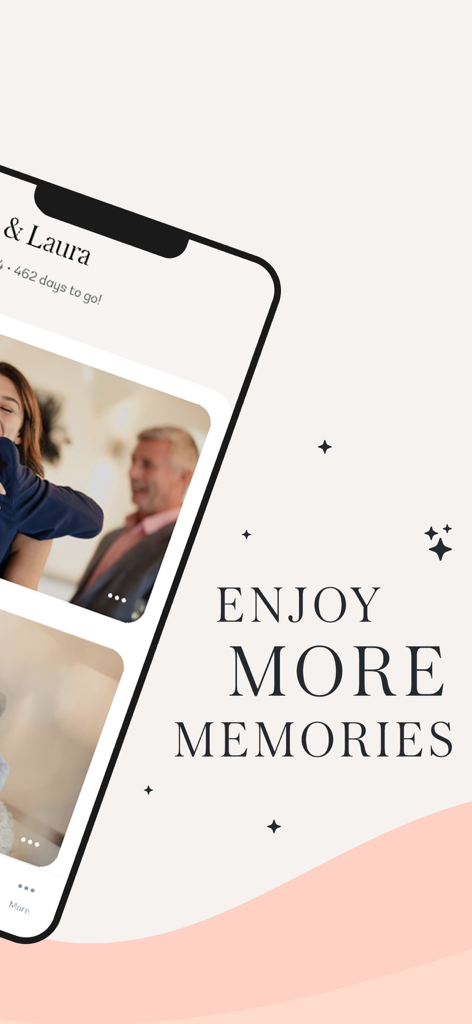 Wedding Photo Swap & Share - Smartphone displaying a wedding photo gallery with text saying Enjoy More Memories
