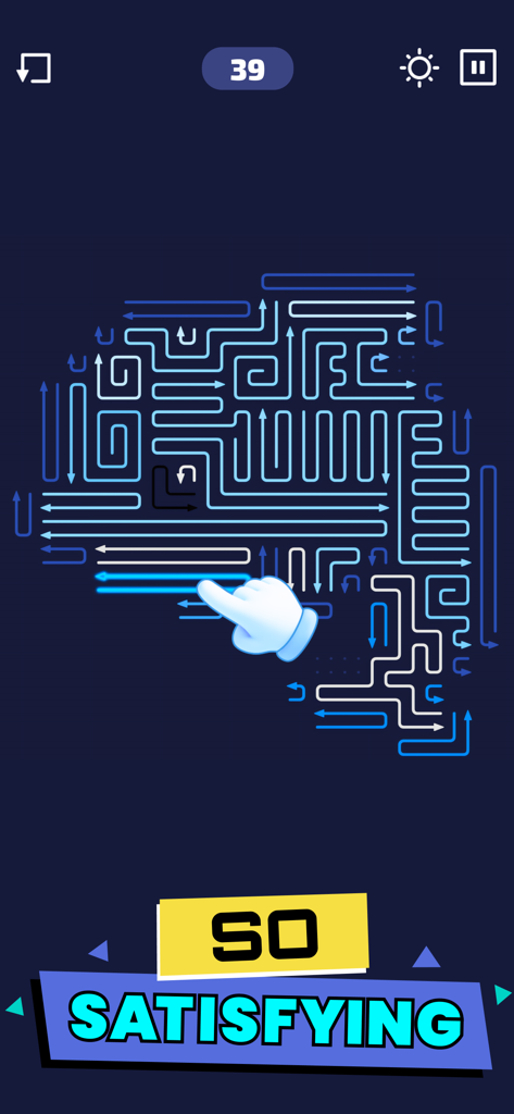 Un puntero de mano interactuando con un complejo rompecabezas de flechas azules en Arrow Maze con el texto 'So Satisfying'