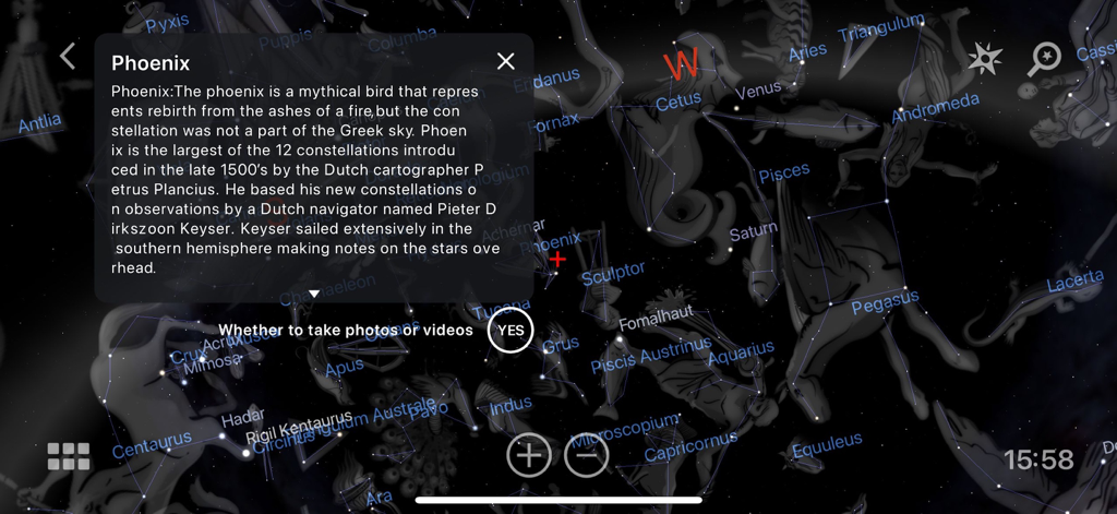 AR-Telescope-B - AR-Telescope-B app showing detailed educational information about the Phoenix constellation on an interactive star map