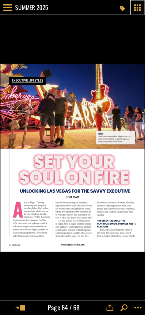 Global Trade Magazine - An article in the Global Trade Magazine app titled Set Your Soul on Fire about executive lifestyles in Las Vegas