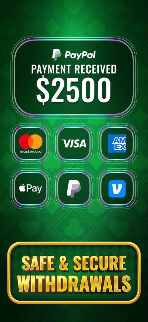 Cashout Solitaire - Win Money - Graphic showing safe and secure withdrawal options for Cashout Solitaire including PayPal and Apple Pay with a payment received message