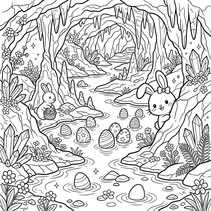 Discover a magical Easter wonderland hidden deep within a subterranean cave, where playful bunnies prepare for the holiday. This charming coloring page invites you to bring vibrant life to floating Easter eggs and unique cave formations.