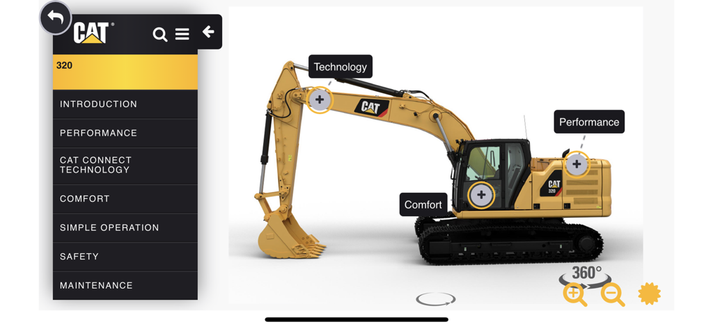 Interactive 360-degree view of a Caterpillar 320 excavator with feature hotspots in the virtual showroom app