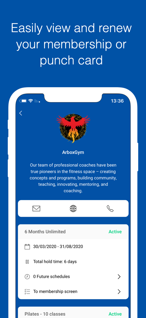 Arbox - Tela do app Arbox mostrando detalhes da assinatura ativa da academia e opções de renovação