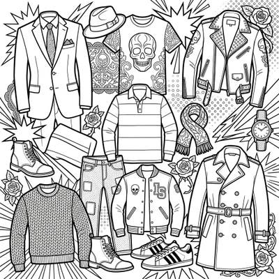 Step into a world where high fashion meets bold artistry with this unique menswear coloring page, blending Gothic elegance with vibrant Pop Art. Discover a diverse collection of stylish garments and accessories, ready for your creative touch to bring their edgy charm to life.