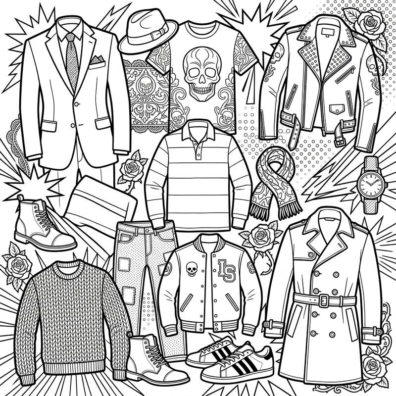 Step into a world where high fashion meets bold artistry with this unique menswear coloring page, blending Gothic elegance with vibrant Pop Art. Discover a diverse collection of stylish garments and accessories, ready for your creative touch to bring their edgy charm to life.