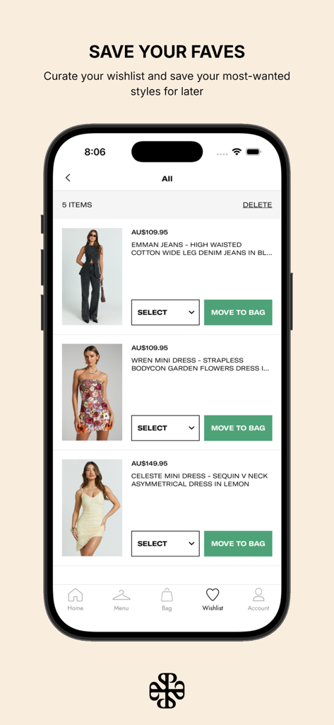 Showpo: Fashion Shopping - Interface de la liste de souhaits de l'application Showpo montrant les articles de vêtements sauvegardés et les boutons pour les ajouter au panier