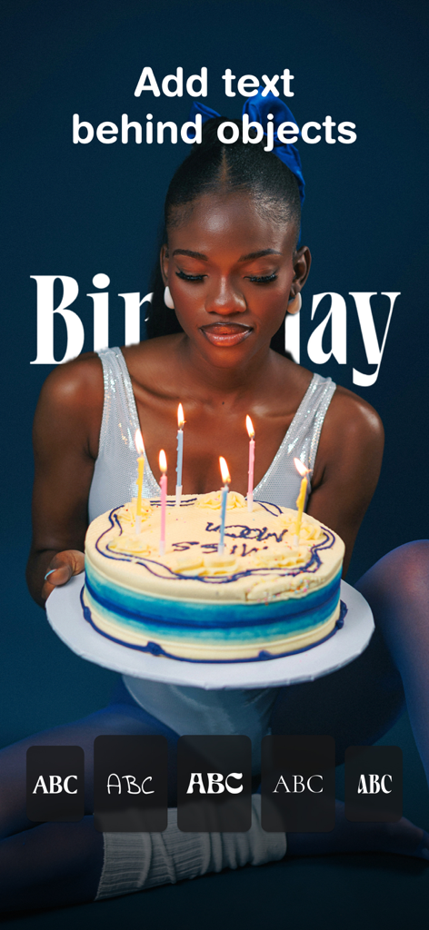 PRESETS: Filters for Pictures - App screen showing a birthday photo with text placed behind the subject