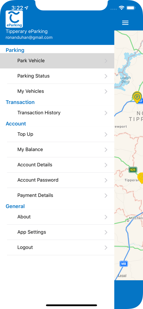 Tipperary eParking - The main navigation side menu of the Tipperary eParking mobile application showing options for parking, transactions, and account management over a map background.