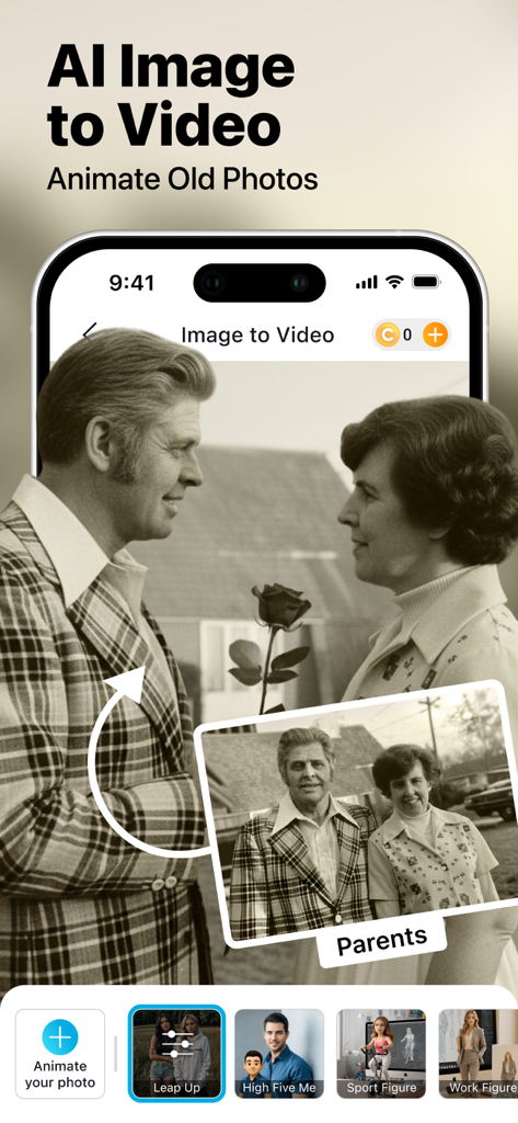 YouCam Enhance app interface showing the AI Image to Video feature animating an old black and white photo of a couple