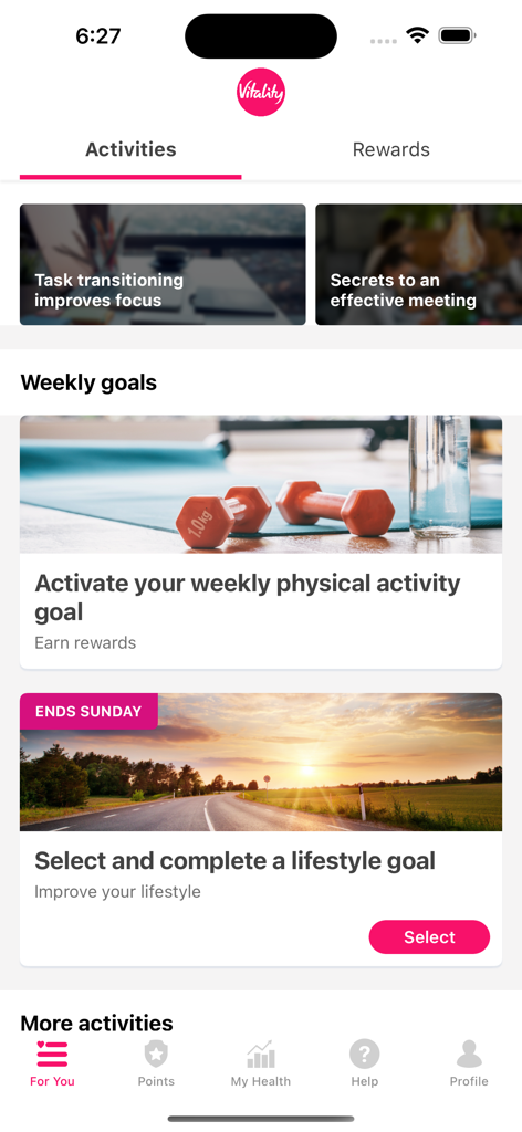 Écran des activités de l'application Vitality Africa affichant les objectifs d'activité physique et de style de vie hebdomadaires pour gagner des récompenses.