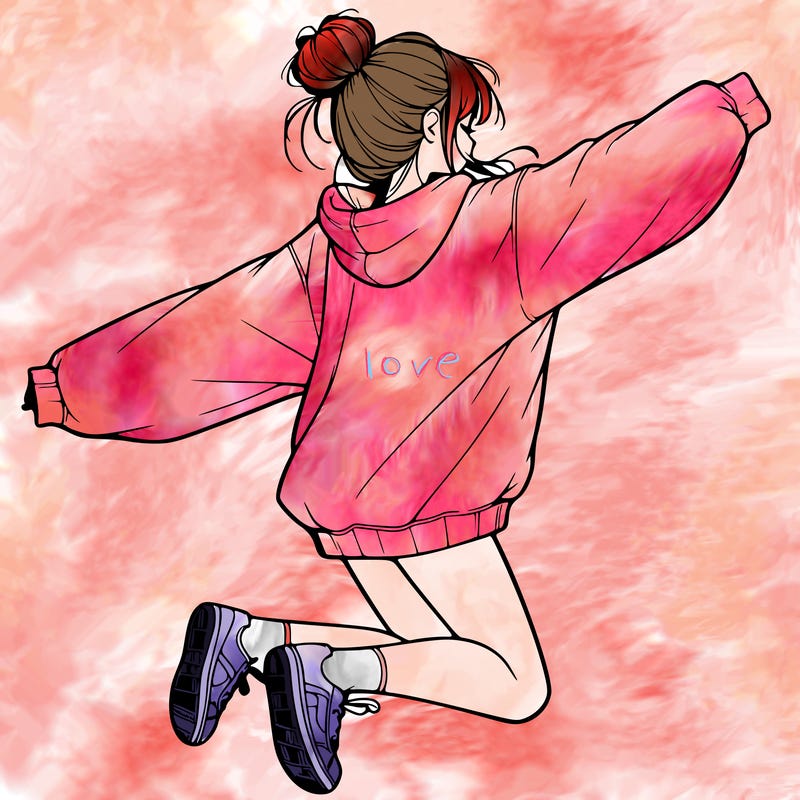 realistic girl jumping with a bun and oversized sweatshirt
