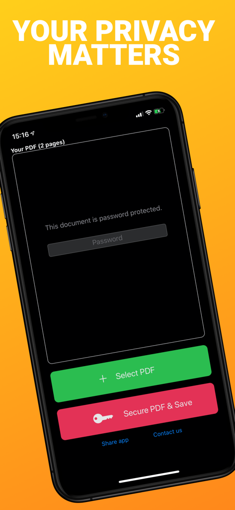Interface do aplicativo PDF Secure mostrando uma tela de proteção por senha com um slogan "privacidade importa"