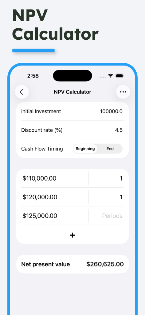 NPV calculator screen showing net present value results.