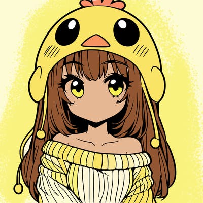 anime girl with chick shaped hat with sweater with bare shoulders with bangs covering them one eye with low tail