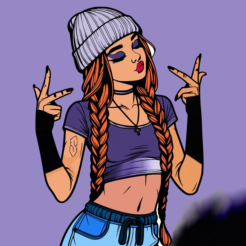 realistic teenage girl with braids and a beanie and crop top doing 🫶🏼