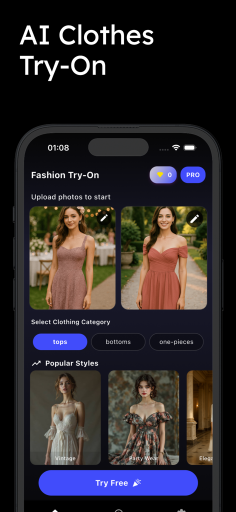 AI Clothes Changer #1 - Mobile app interface for AI clothes try on featuring various fashion categories and popular dress styles.