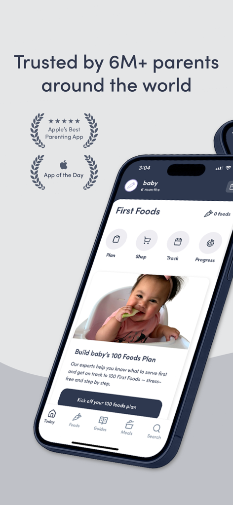 Interface de l'application Solid Starts montrant le plan 100 aliments pour l'alimentation autonome du bébé.