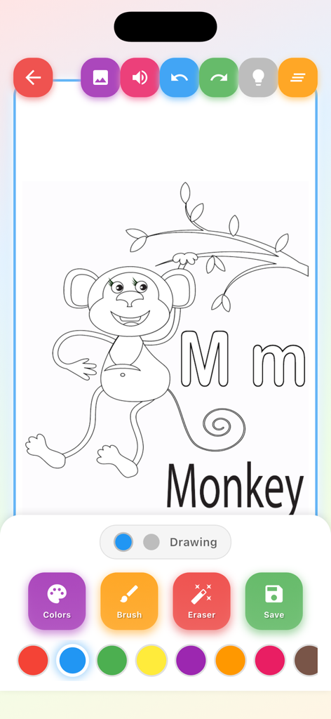 Kids Color Book Draw & Learn - A monkey coloring page with the letter M in the Kids Color Book app interface