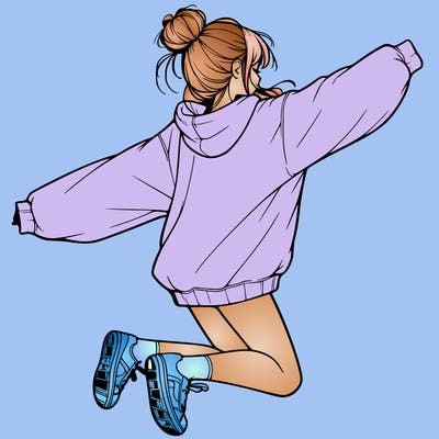 realistic girl jumping with a bun and oversized sweatshirt