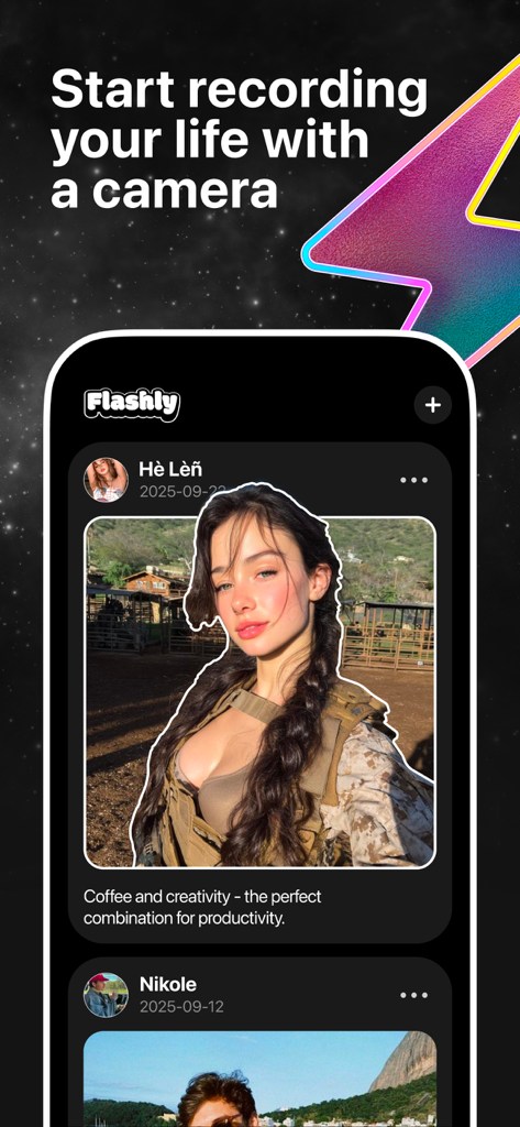 Flashly - Show us - Flashly social media app interface showing user photos and profiles