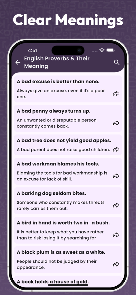 Idioms and Phrases - English - Pantalla de aplicación móvil que muestra una lista de proverbios en inglés y sus significados claros.