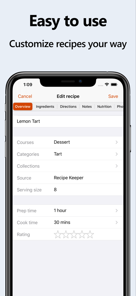 Recipe Keeper - iPhone screen showing the edit recipe interface in Recipe Keeper app for a lemon tart dessert with prep time and category fields