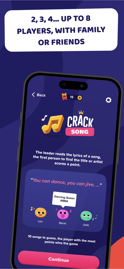 Crack Party Games - Crack Party Games Crack Song mini game interface showing a music lyric guessing challenge for up to eight players