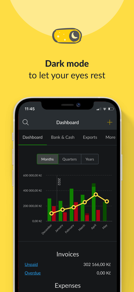 Fakturoid - invoices made easy - Fakturoid app dashboard in dark mode showing business revenue charts and expense summaries