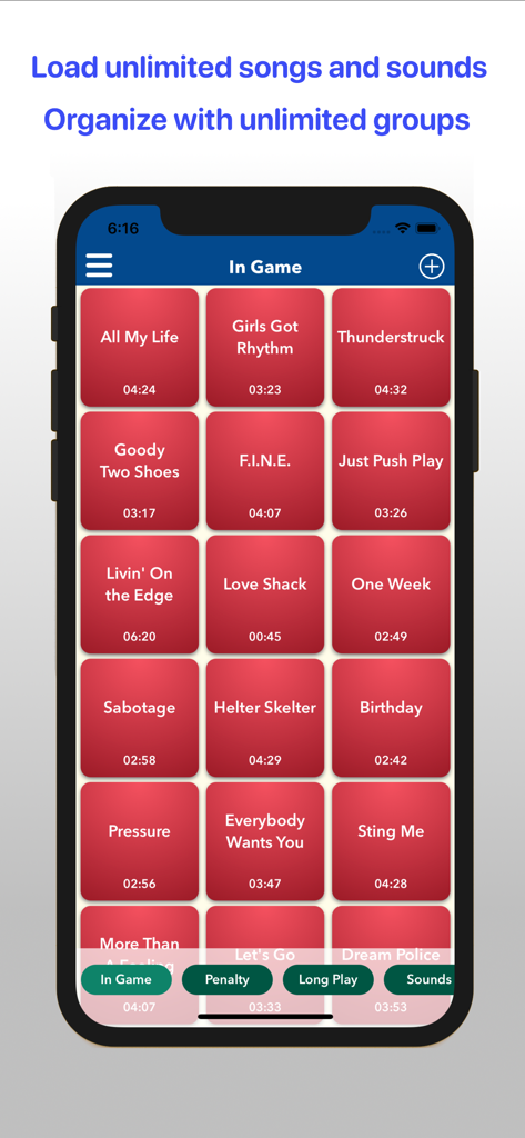 Sports Audio DJ app interface showing a grid of song tiles for live game production