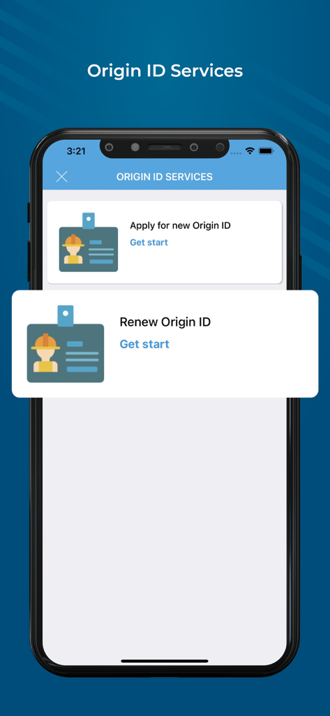 Digital Invea - Tela do aplicativo Digital Invea mostrando opções para solicitar ou renovar um ID de Origem Etíope.