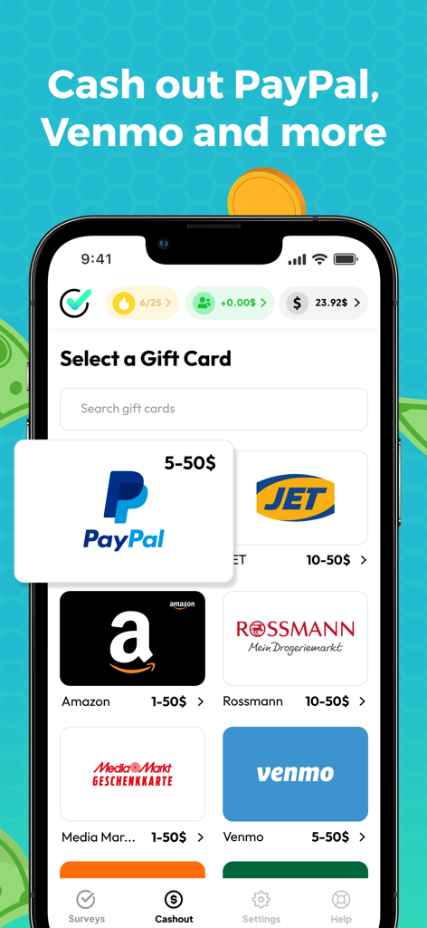 NiceSurveys: Earn Smarter - NiceSurveys app screen showing cash out options for PayPal Venmo and gift cards