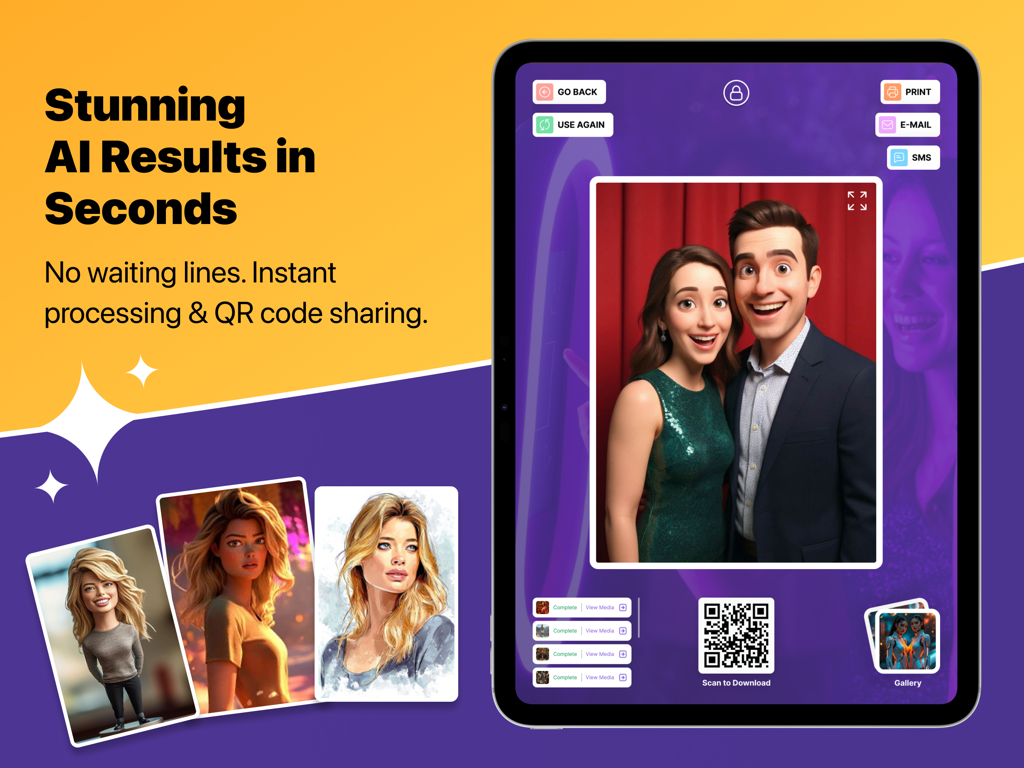 Interfaz de iPad que muestra fotos transformadas por IA y uso compartido de códigos QR para eventos