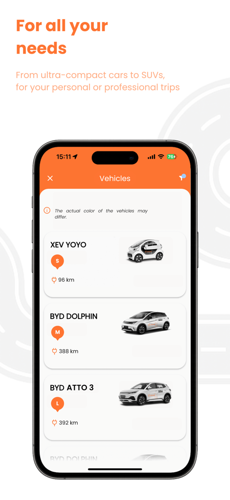 Papaye: 24/7 Car-Sharing - Papaye car-sharing app screen showing a list of available vehicles from compact cars to SUVs