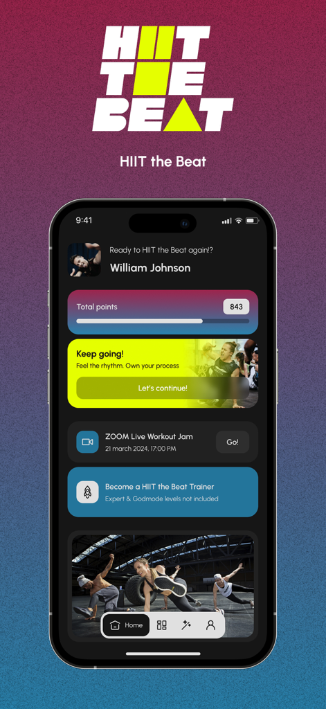 HIIT the Beat - HIIT the Beat app dashboard showing workout progress and live session schedules
