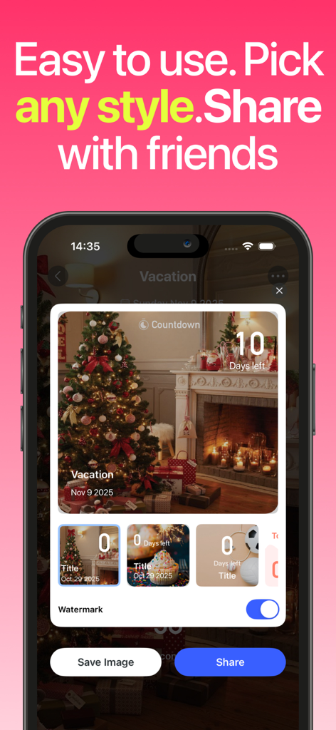 Countdown - Widget & Timer - Una interfaz móvil que muestra varios estilos visuales y opciones para compartir un evento de cuenta regresiva