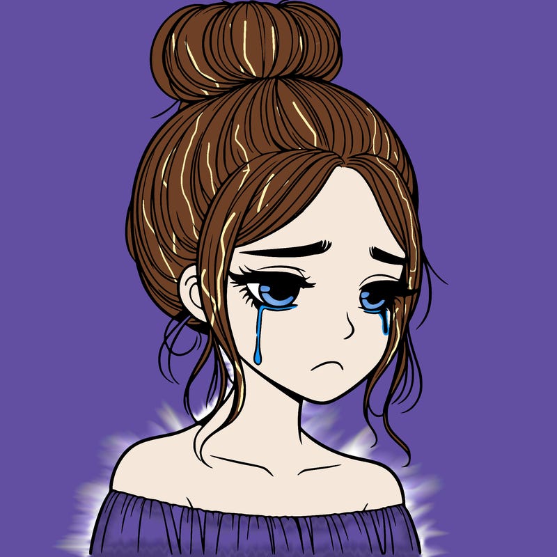 realistic girl with a bun and she's sad