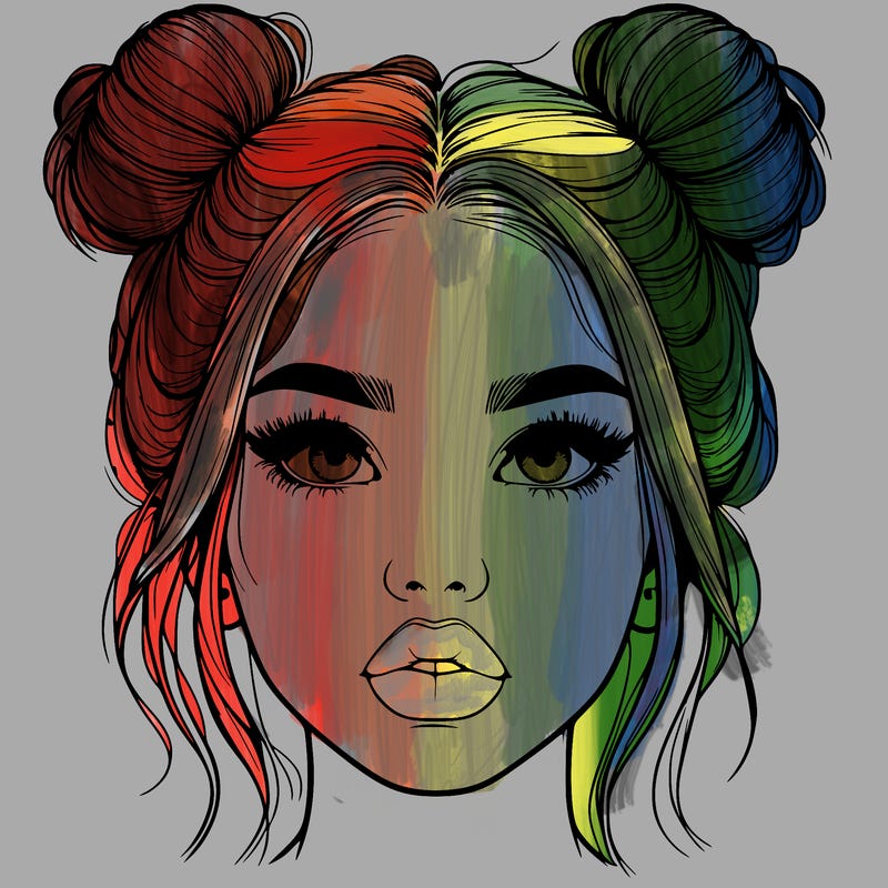 realistic girl with two buns on her hair and lips