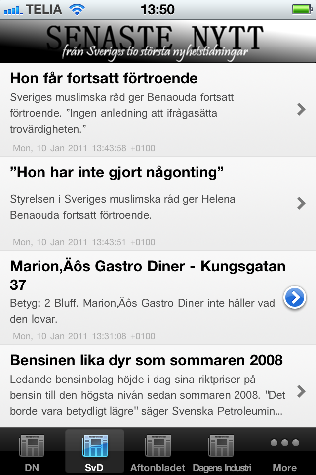 Uma captura de tela do aplicativo Senaste Nytt exibindo um feed de artigos de notícias suecos