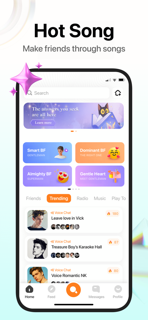 Pazzy app screenshot showing the Hot Song feature with trending voice chat rooms and social discovery options