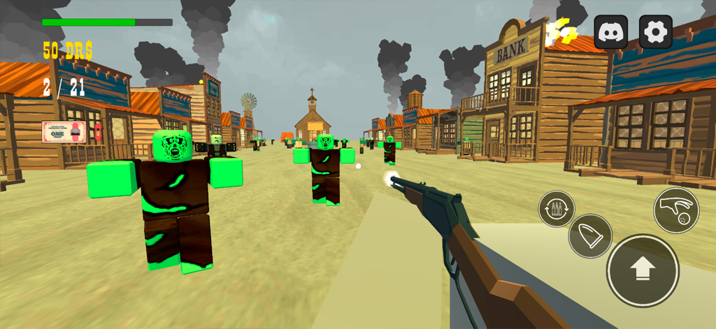 Dead Rails: Train Survival - First-person perspective of a player shooting green mutants with a shotgun in a post-apocalyptic western town.